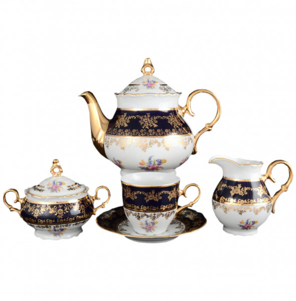 Чайный сервиз на 6 персон 15 предметов  Bohemia Porcelan Moritz Zdekauer 1810 s.r.o. &quot;Офелия /Кобальт /Полевой цветок&quot; / 039469