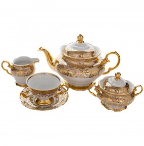 Чайный сервиз на 6 персон 15 предметов  МаМ декор "Фредерика /Золотые листики на бежевом" / 001874