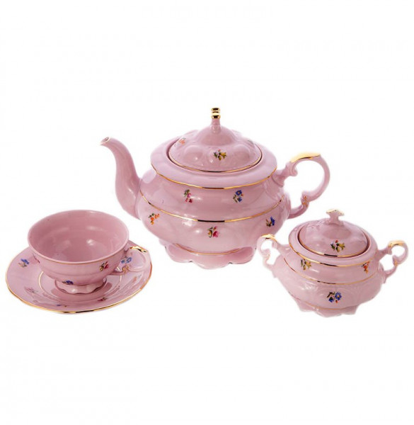 Чайный сервиз на 6 персон 14 предметов (без молочника)  Leander &quot;Соната /Мелкие цветы&quot; розовая / 222442