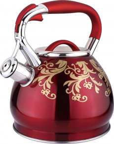 Чайник 3 л со свистком индукционное капсульное дно красный "Agness /Золотые цветы" / 209802