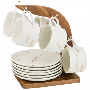Набор чайных пар 150 мл 6 шт на деревянной подставке  LEFARD "Золотой мрамор /Белый" / 208554