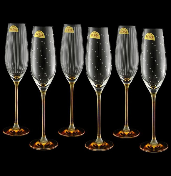 Бокалы для шампанского 210 мл 6 шт 3х3  Rona &quot;Celebration /Горошек+ полоска&quot; янтарная ножка / 148549