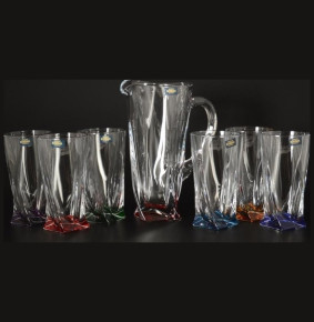 Набор для воды 7 предметов (кувшин 1,1 л + 6 стаканов по 350 мл)  Crystalite Bohemia "Квадро /Разноцветное дно" яркие / 095916