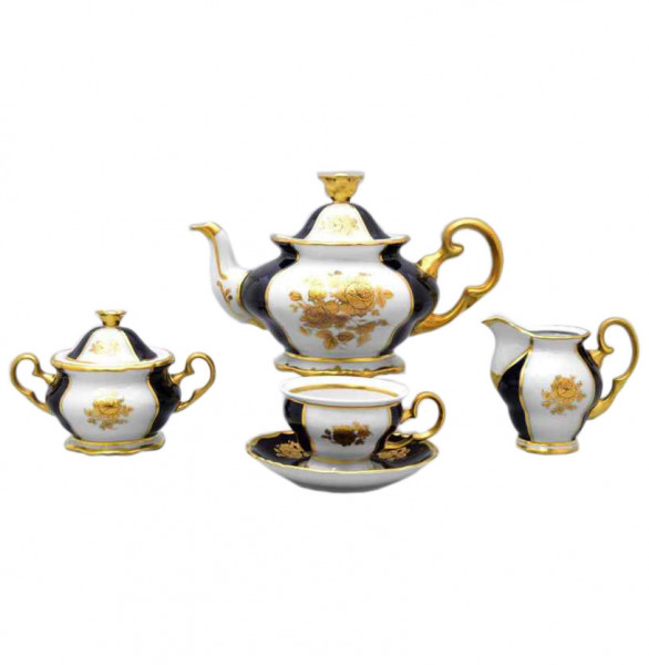 Чайный сервиз на 6 персон 15 предметов  Bohemia Porcelan Moritz Zdekauer 1810 s.r.o. &quot;Анжелика /Золотые розы /Королевский /Кобальт&quot; / 010851