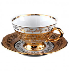 Набор чайных пар 200 мл 6 шт  Bavarian Porcelain "Мария-Тереза /Бежевая/Золотые листики" / 012145