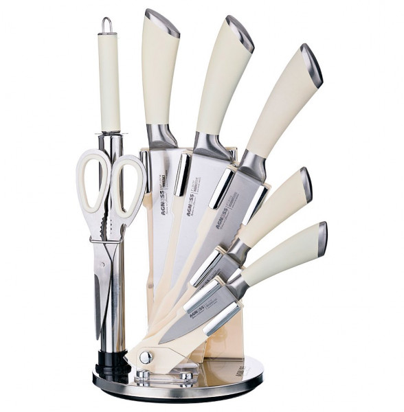 Набор кухонных ножей 8 предметов /пластиковая подставка /бежевые силиконовые ручки &quot;Agness&quot; / 195919