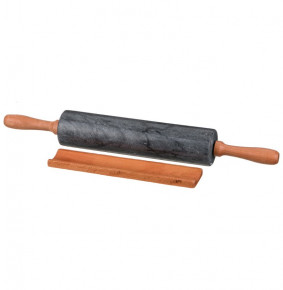 Скалка мраморная 46 х 6 см с деревянными ручками чёрная "Agness" / 196047