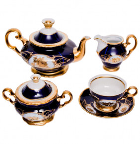 Чайный сервиз на 6 персон 15 предметов  Bohemia Porcelan Moritz Zdekauer 1810 s.r.o. "Анжелика /Винтажная золотая роза /Кобальт" / 011943