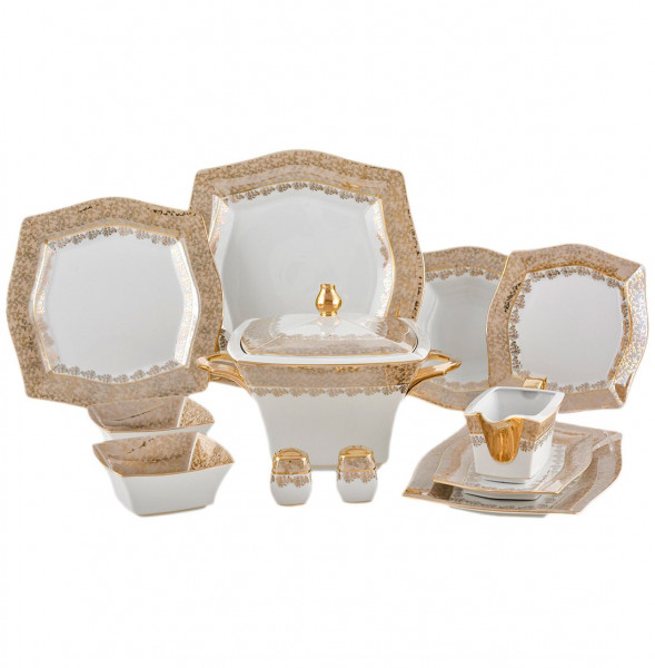 Столовый сервиз на 6 персон 27 предметов  Royal Czech Porcelain &quot;Львов /Бежевый /Золотые листики&quot; / 203416