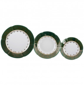 Набор тарелок 18 предметов (19, 22,5, 27 см)  Royal Czech Porcelain "Болеро /Зелёный /Золотые листики" / 203664