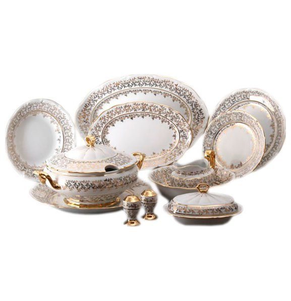 Столовый сервиз на 6 персон 27 предметов  Bavarian Porcelain &quot;Мария-Тереза /Белая /Золотые листики&quot; / 068020