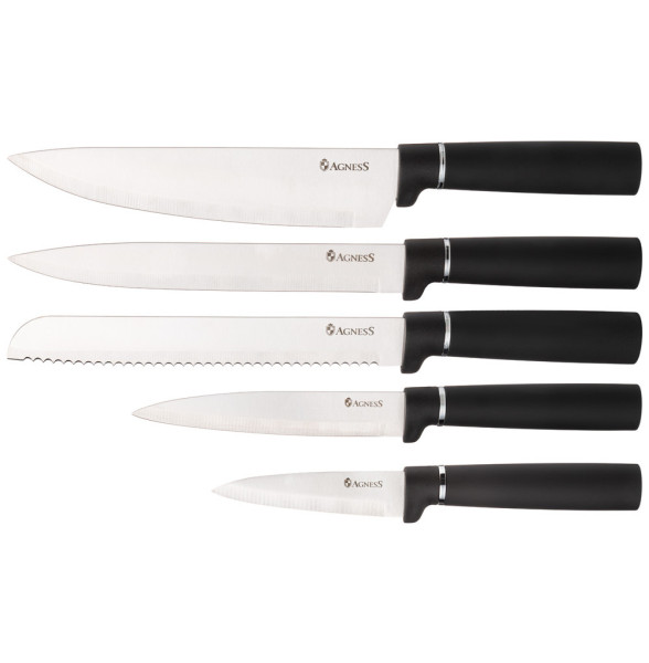 Набор 10 предметов (5 ножей, 4 доски и подставка) чёрный Agness / 341785