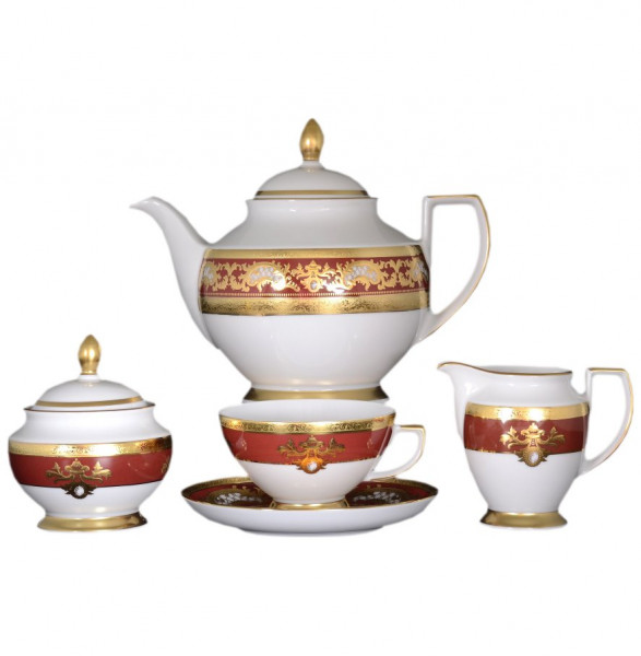 Чайный сервиз на 6 персон 15 предметов  Falkenporzellan &quot;Констанц /Алена золото 3D&quot; красный / 091824