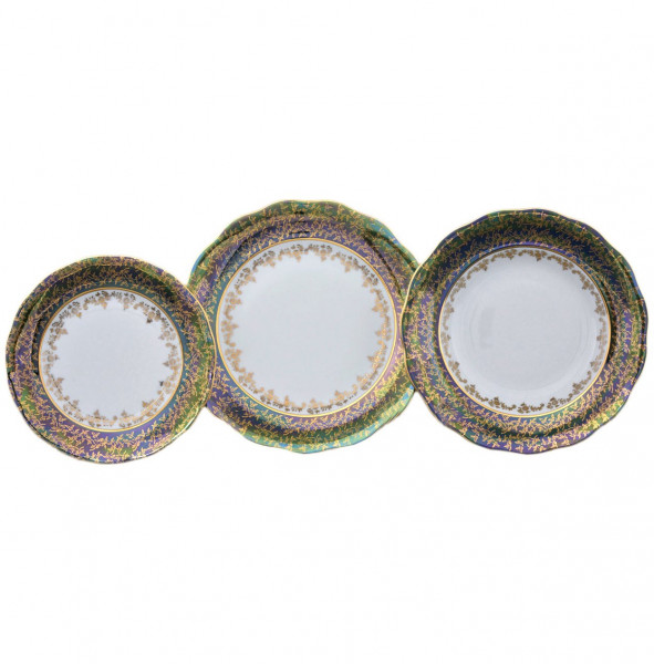 Набор тарелок 18 предметов (19, 23, 25 см)  Royal Czech Porcelain &quot;Фредерика /Зелёная /Золотые листики&quot; / 097512