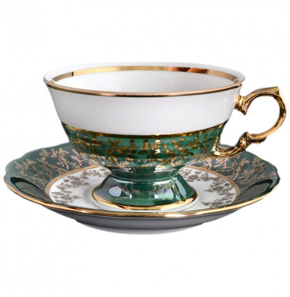 Набор чайных пар 220 мл 6 шт  Royal Czech Porcelain &quot;Фредерика /Зелёная /Золотые листики&quot; / 088748