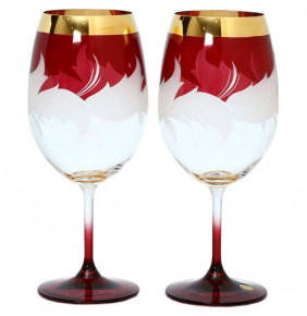 Бокалы для красного вино 580 мл 2 шт  Bohemia "Матовые листики /Золото на красном" E-V / 134730